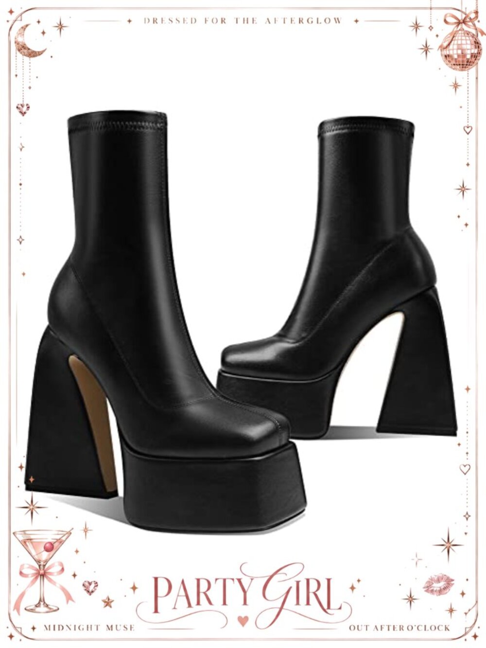 Mid Calf Platform Boots Women Square Toe Chunky High Heel Faux Leather